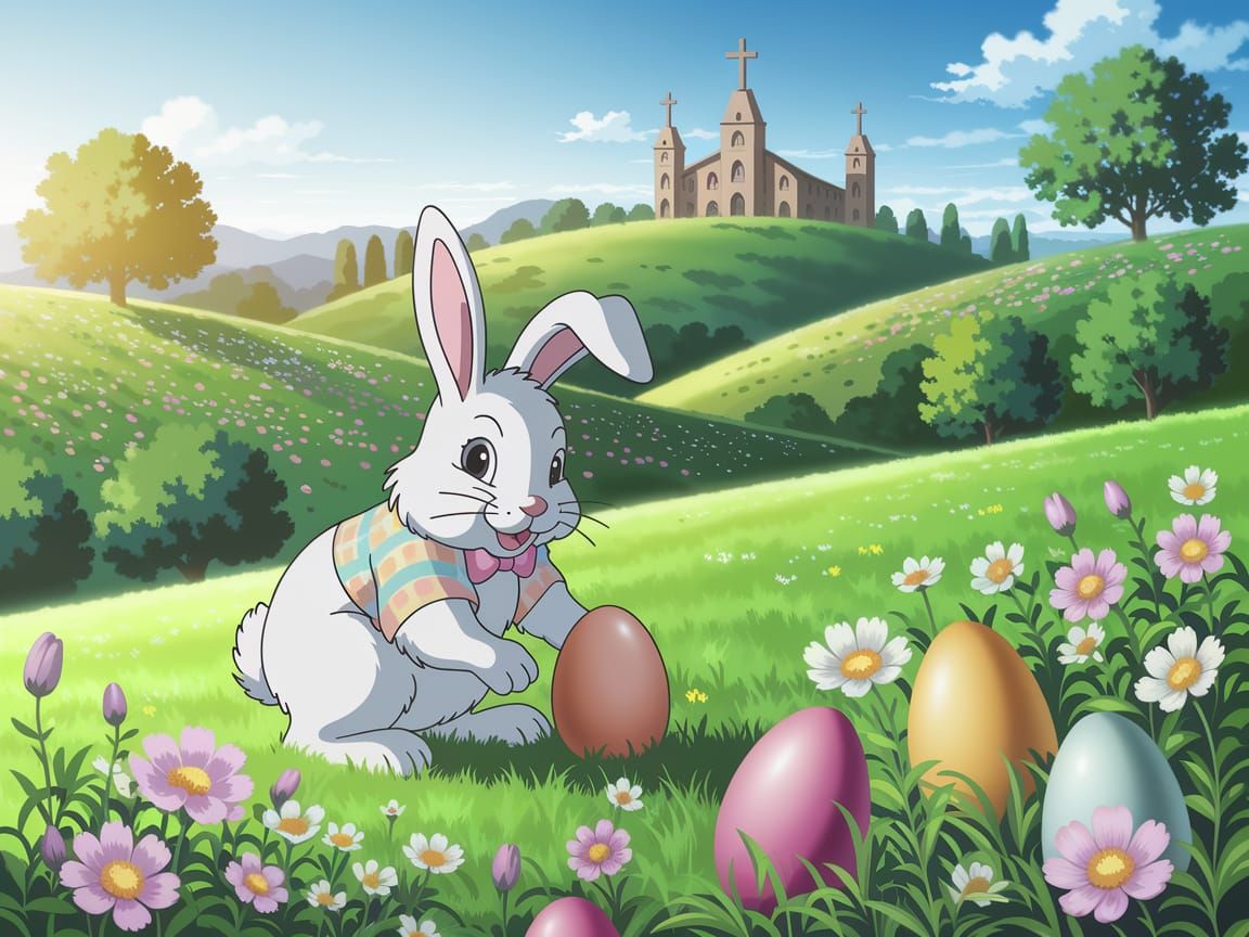 Pastel Easter Bunny in Vibrant Anime Landscape