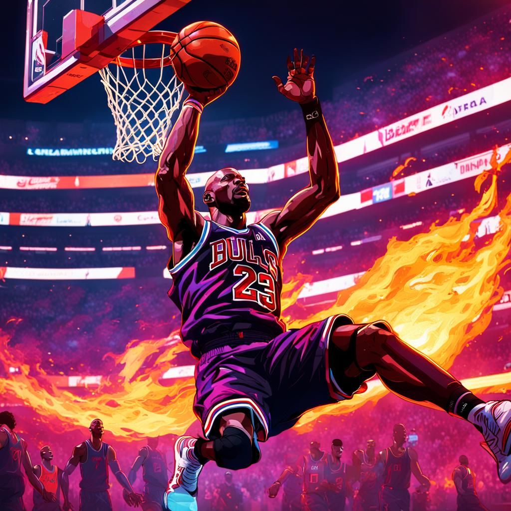 Michael Jordan Dunks Flaming Ball in Cyberpunk Arena