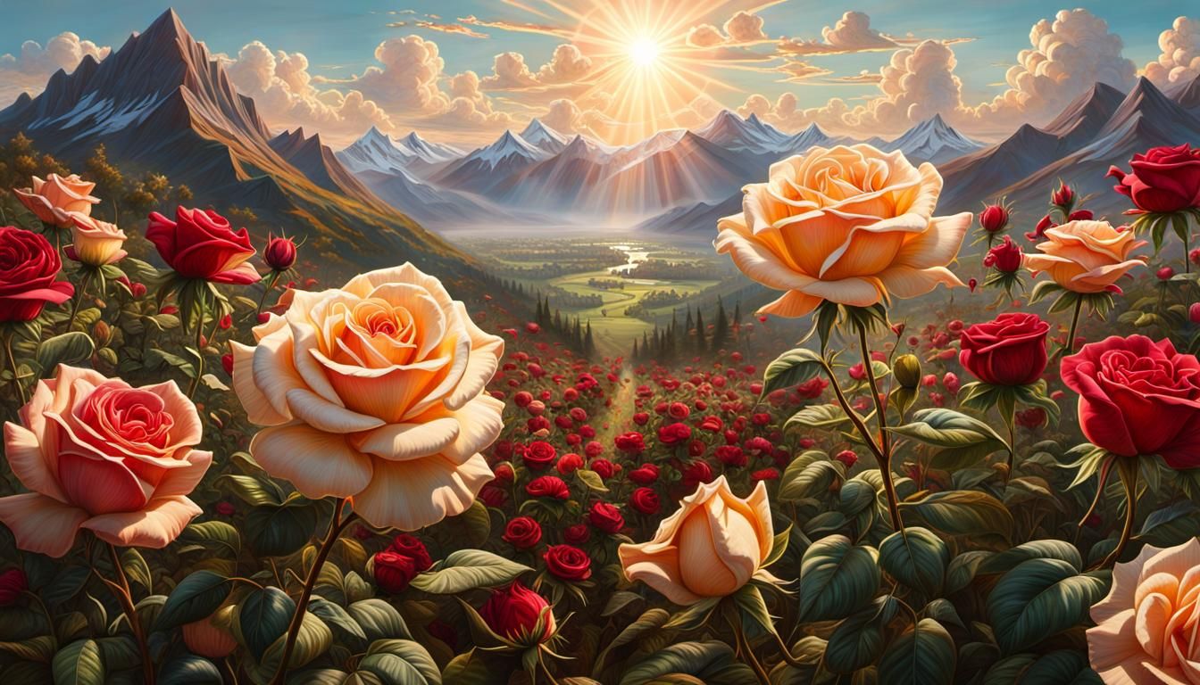 Giant Roses in Sunlit Field: Surreal Pastel Art