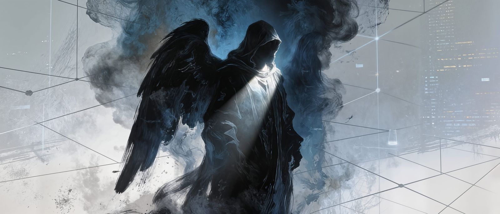 Ethereal Angel of Death in Digital Void, Chiaroscuro Style