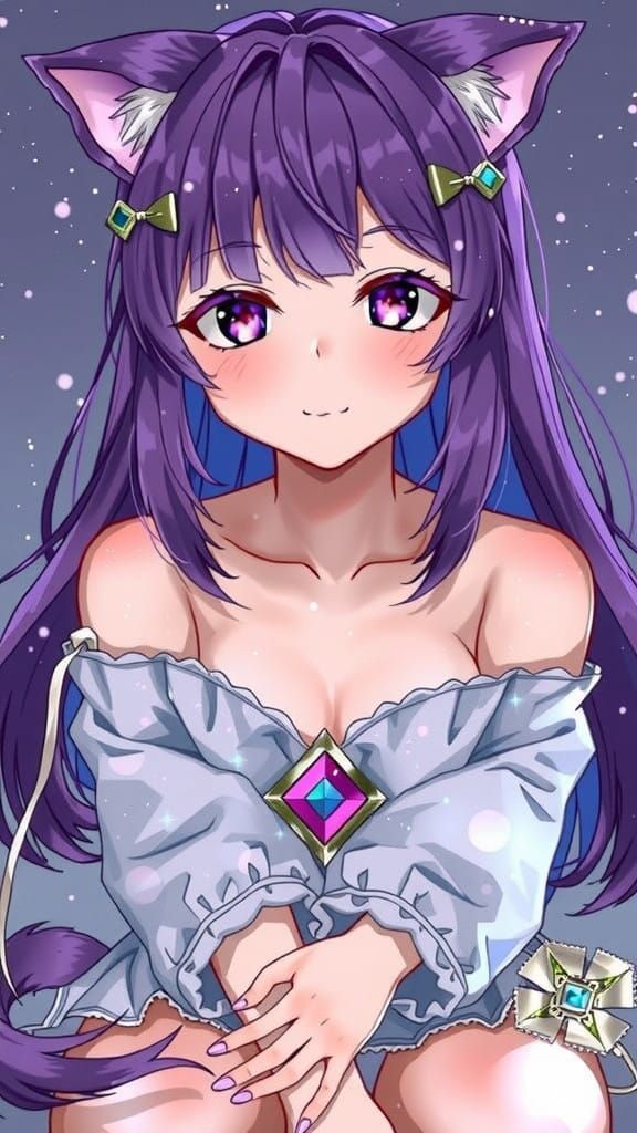 Anime Girl in Purple Hues with Cat Ears and Tail Sits Serene