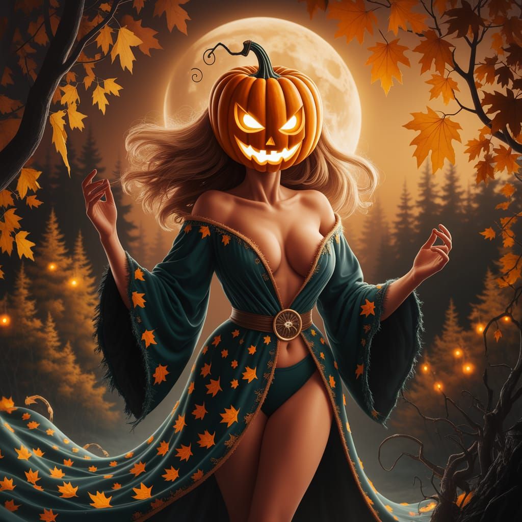 Captivating Pumpkin Witch Under Moonlight