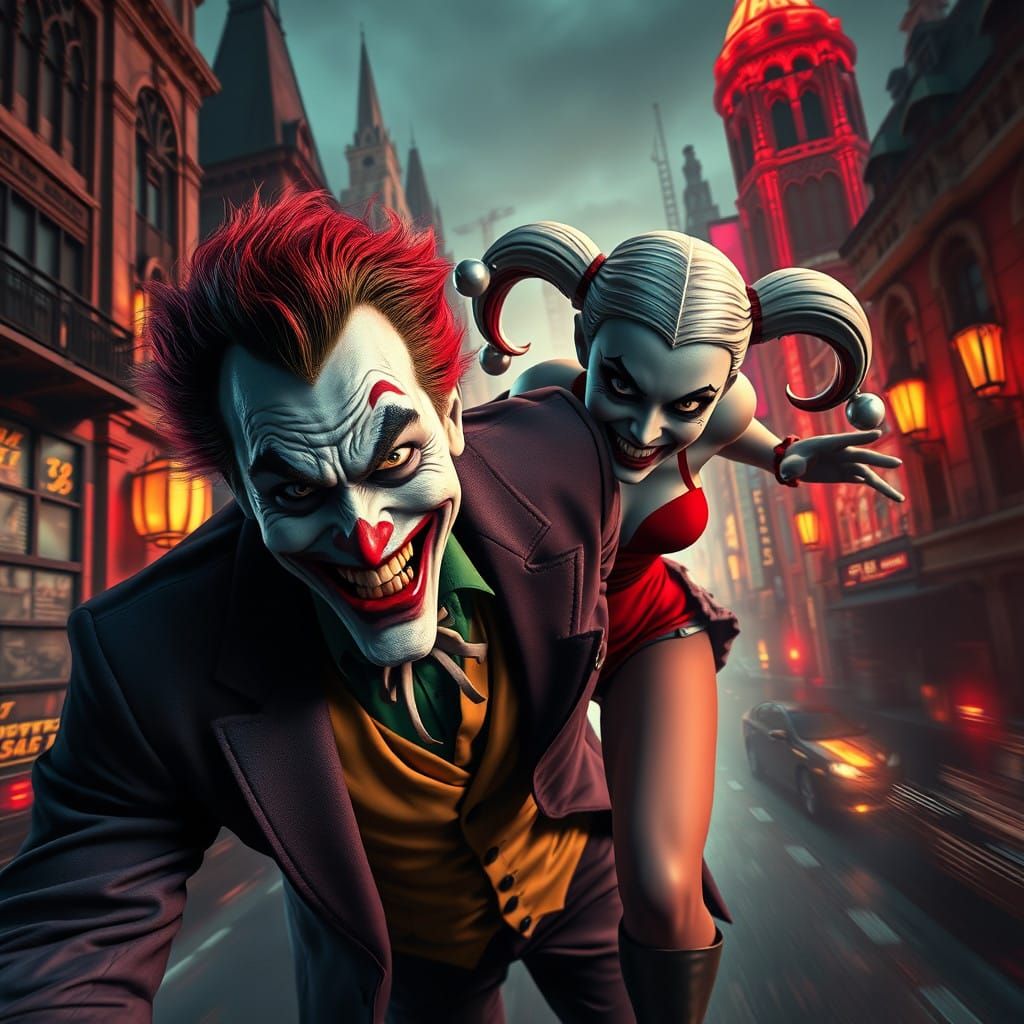 Maniacal Joker Flees Chaotic Cityscape from Unpredictable Ha...