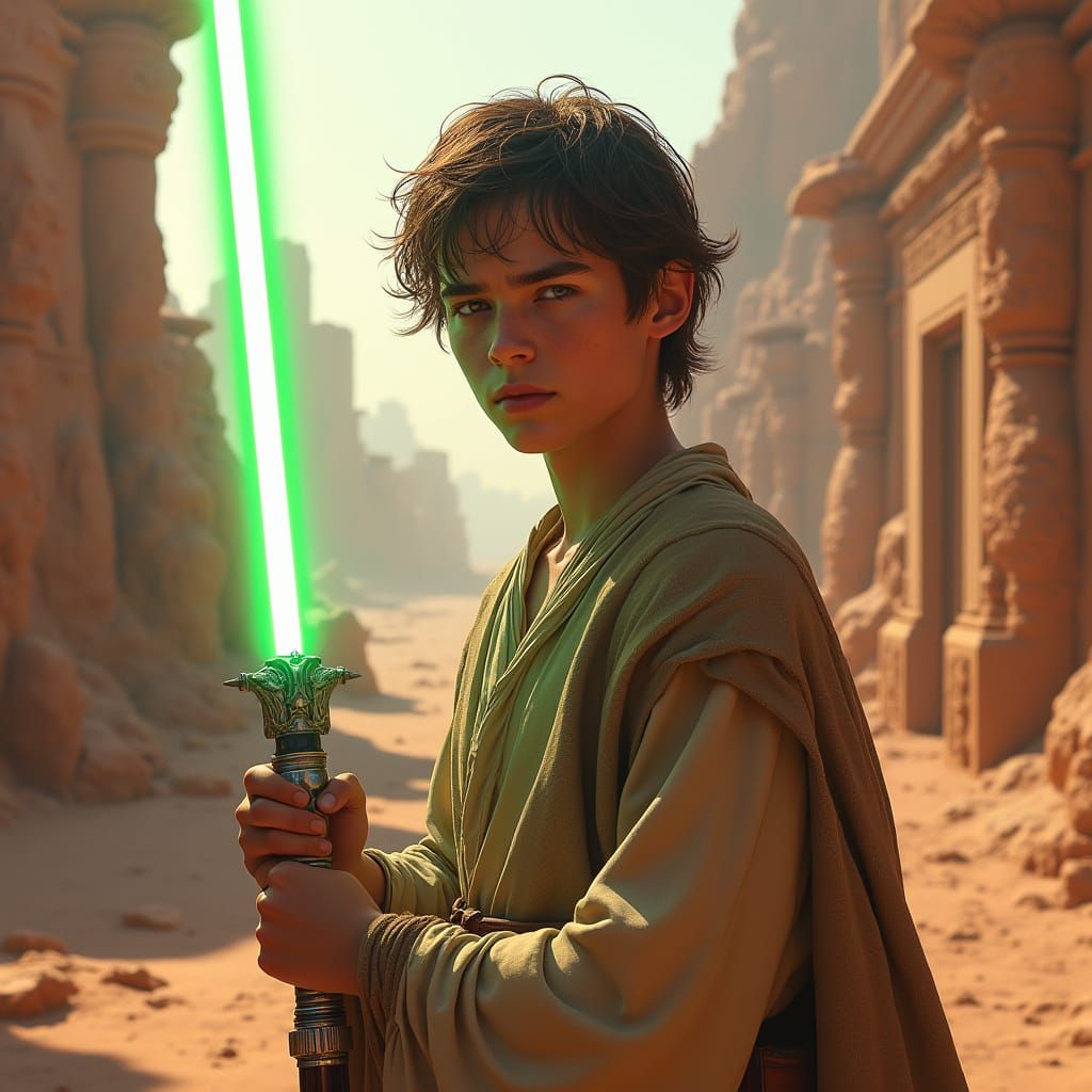 Young Jedi Mystic Contemplates Desert Planet Ruins