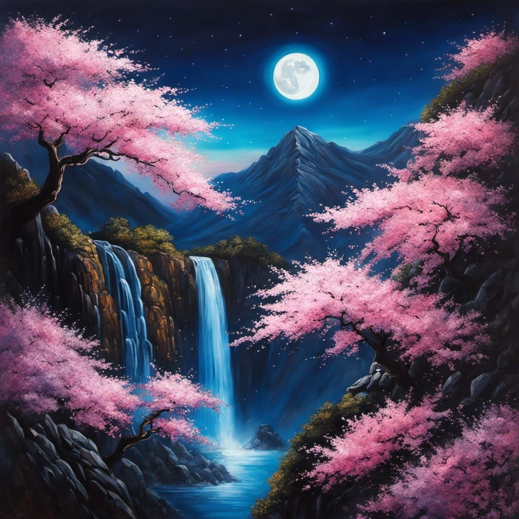 Crystal Waterfall Over Cherry Blossom Cliffs, Impressionist ...