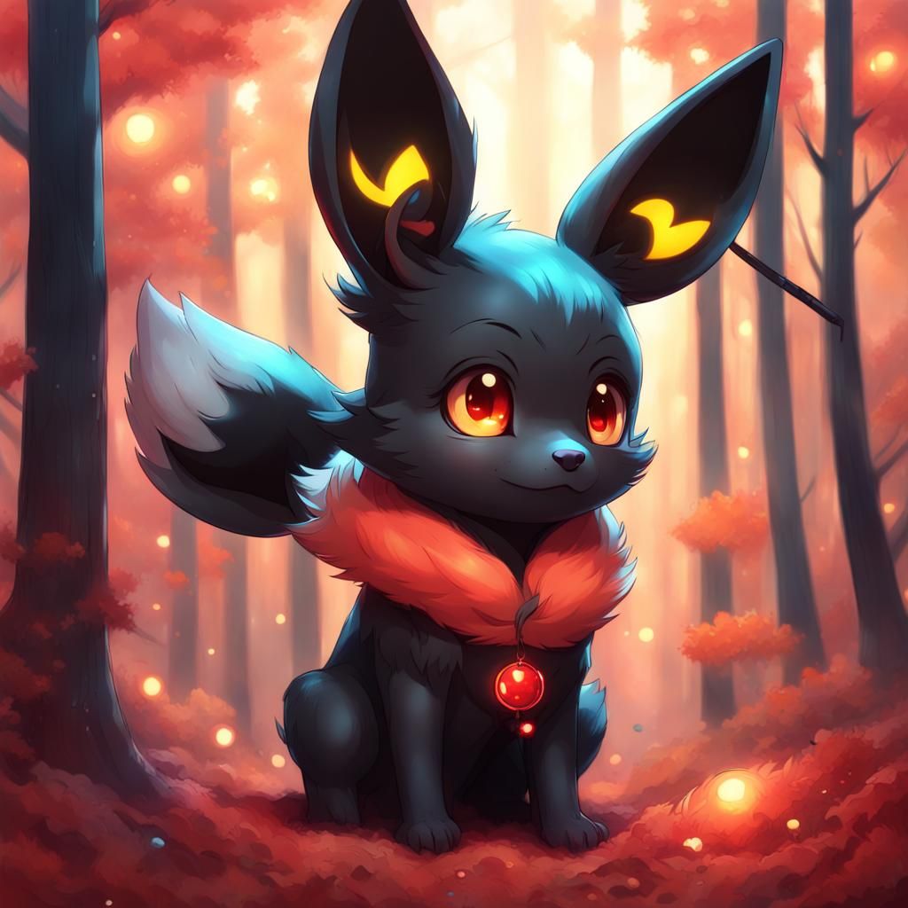 Chibi Umbreon in Autumn Forest Digital Painting