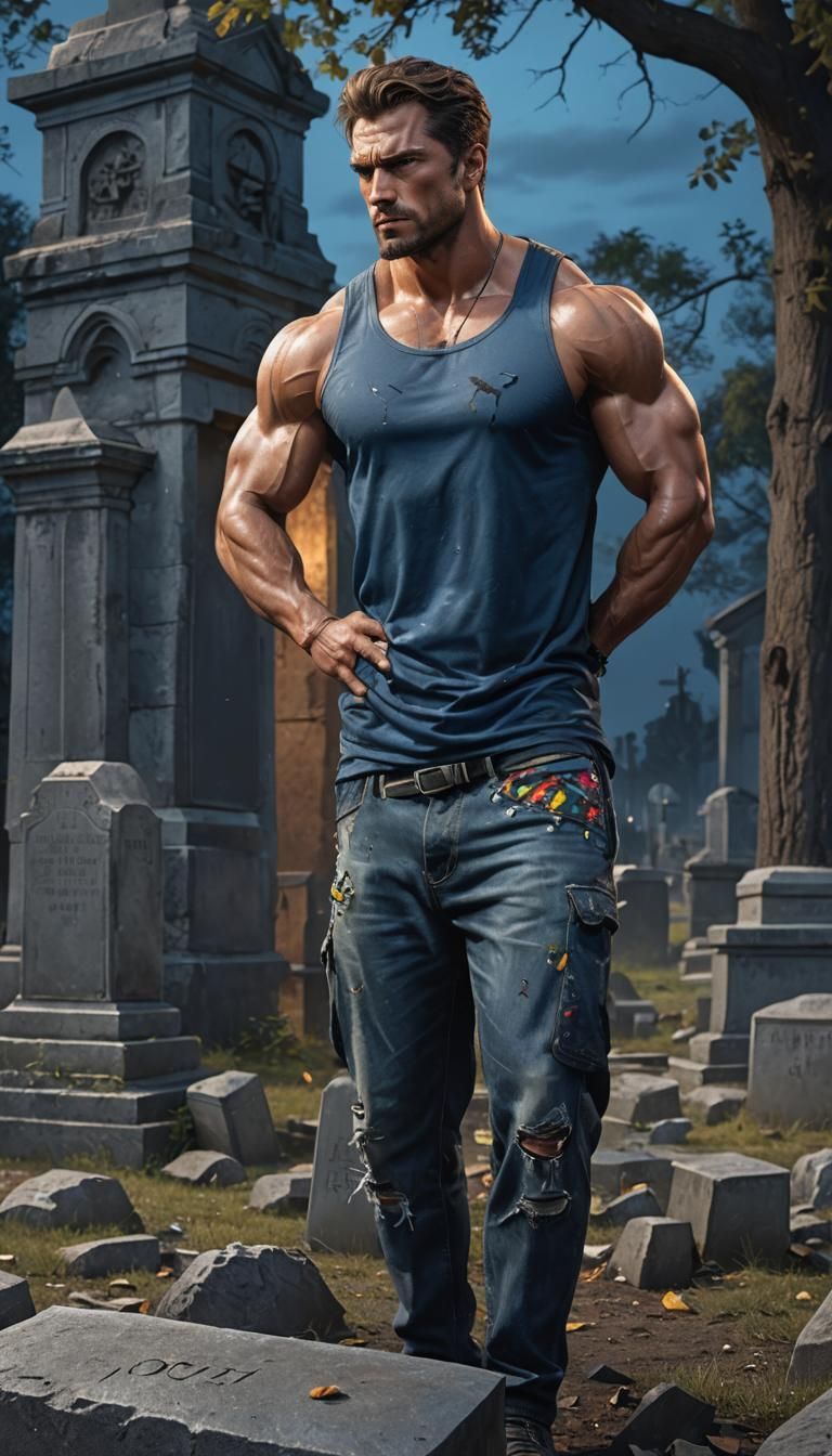 Muscular Man in Graveyard at Night: Hyperrealistic Portrait