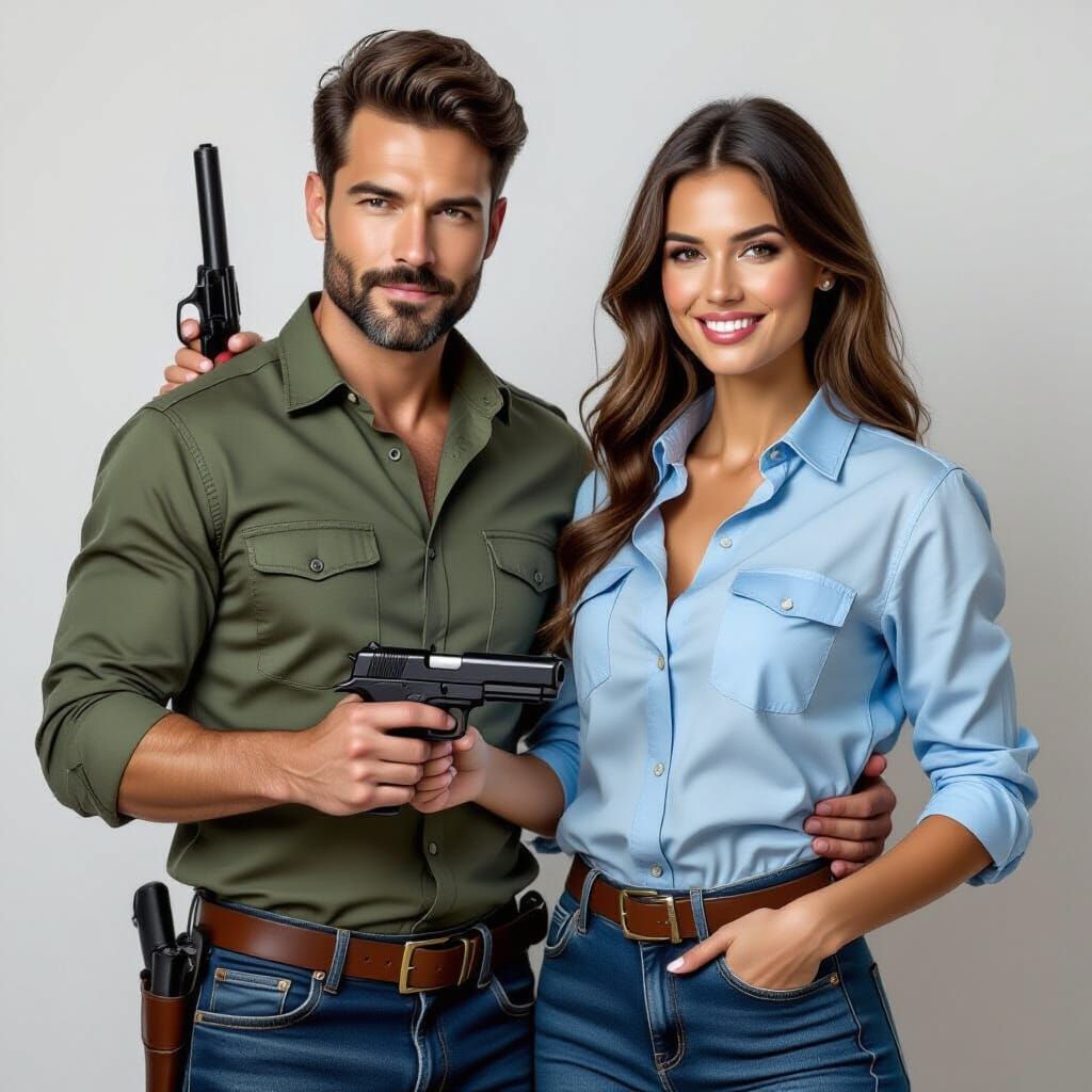 Confident Couple with Revolvers in Noir Style