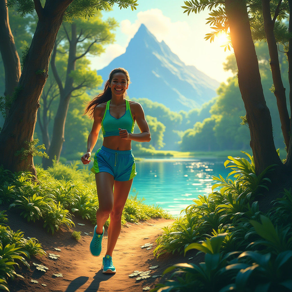 Athlete on Forest Trail in Vibrant Fantasy Landscape