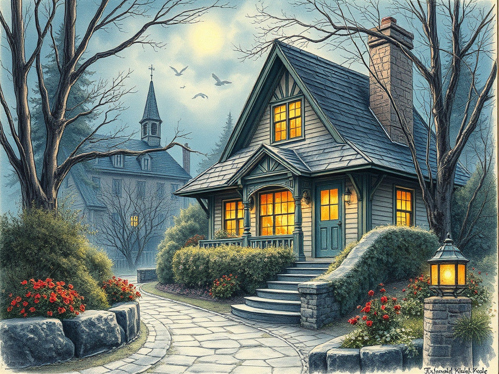 Incandescent Cottage Portrait in Pencil and Ink
