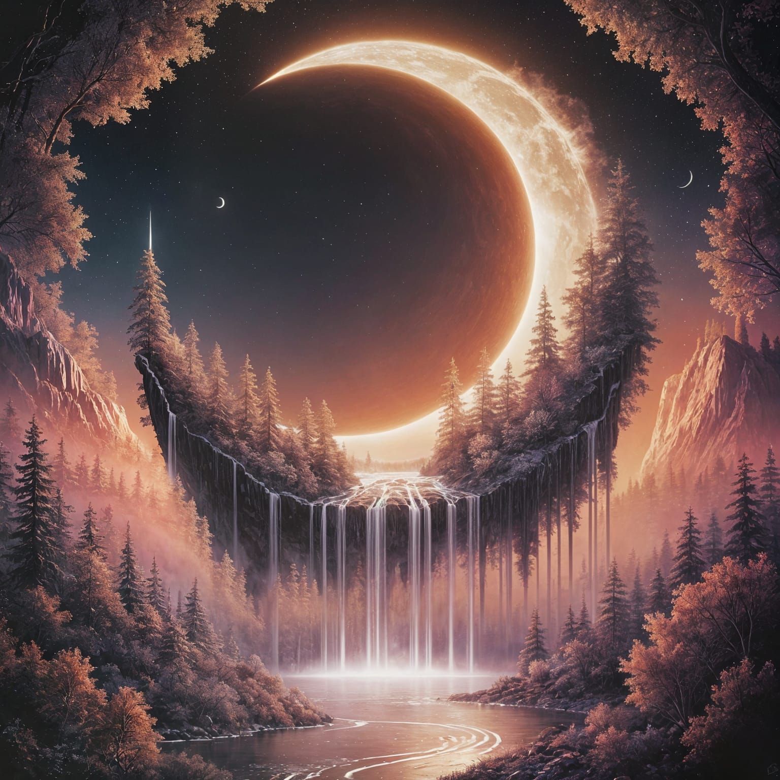 Ethereal Crescent Moon in Whimsical Fantasy Landscape