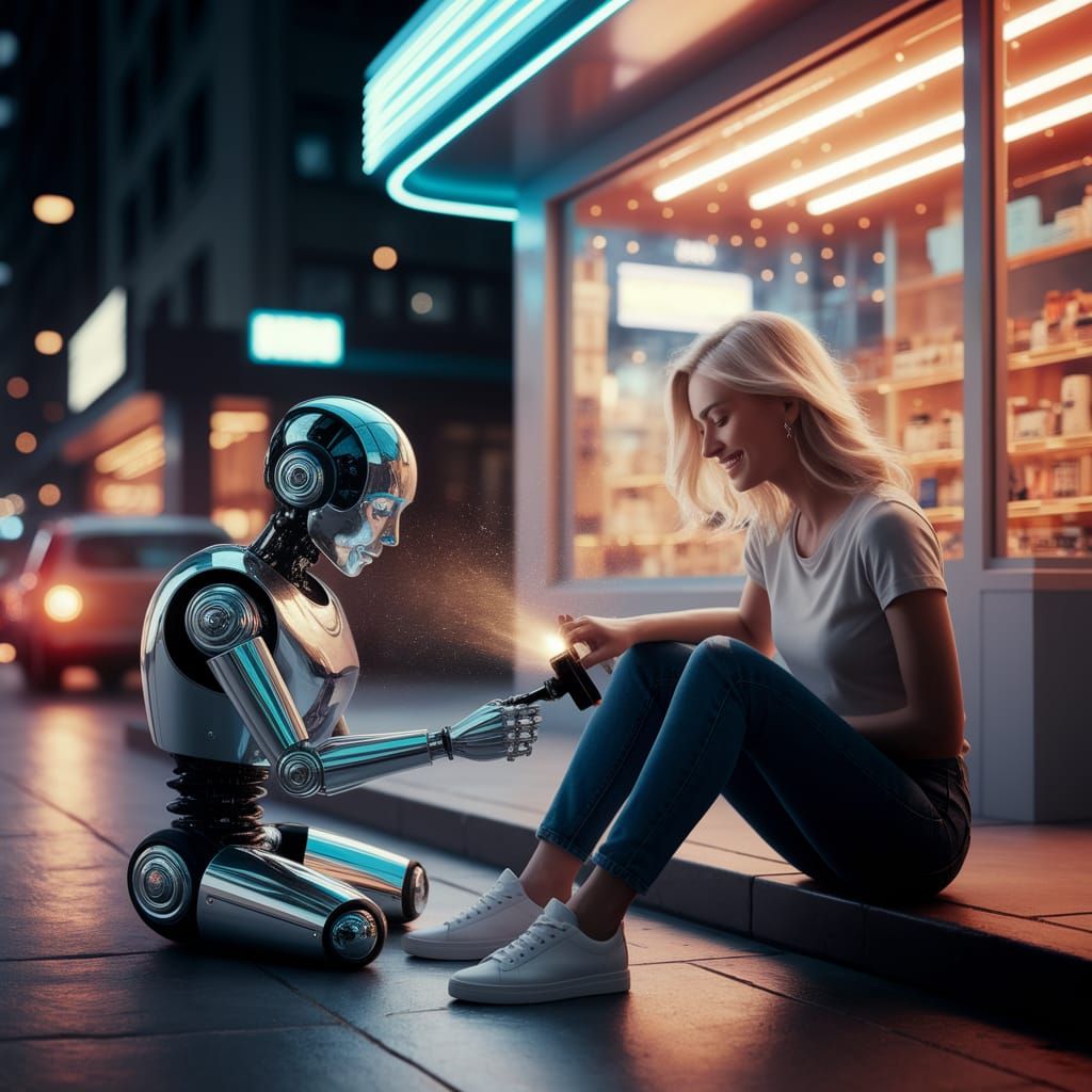 Robot Polishing Woman's Shoes in Futuristic Cityscape
