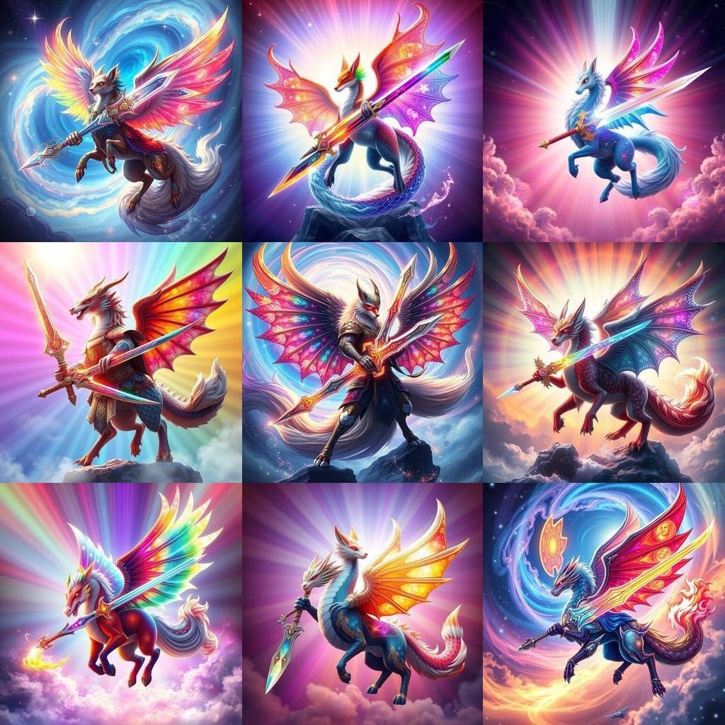 Celestial Warrior Goddess with Seasonal Symbolism and Rainbo...