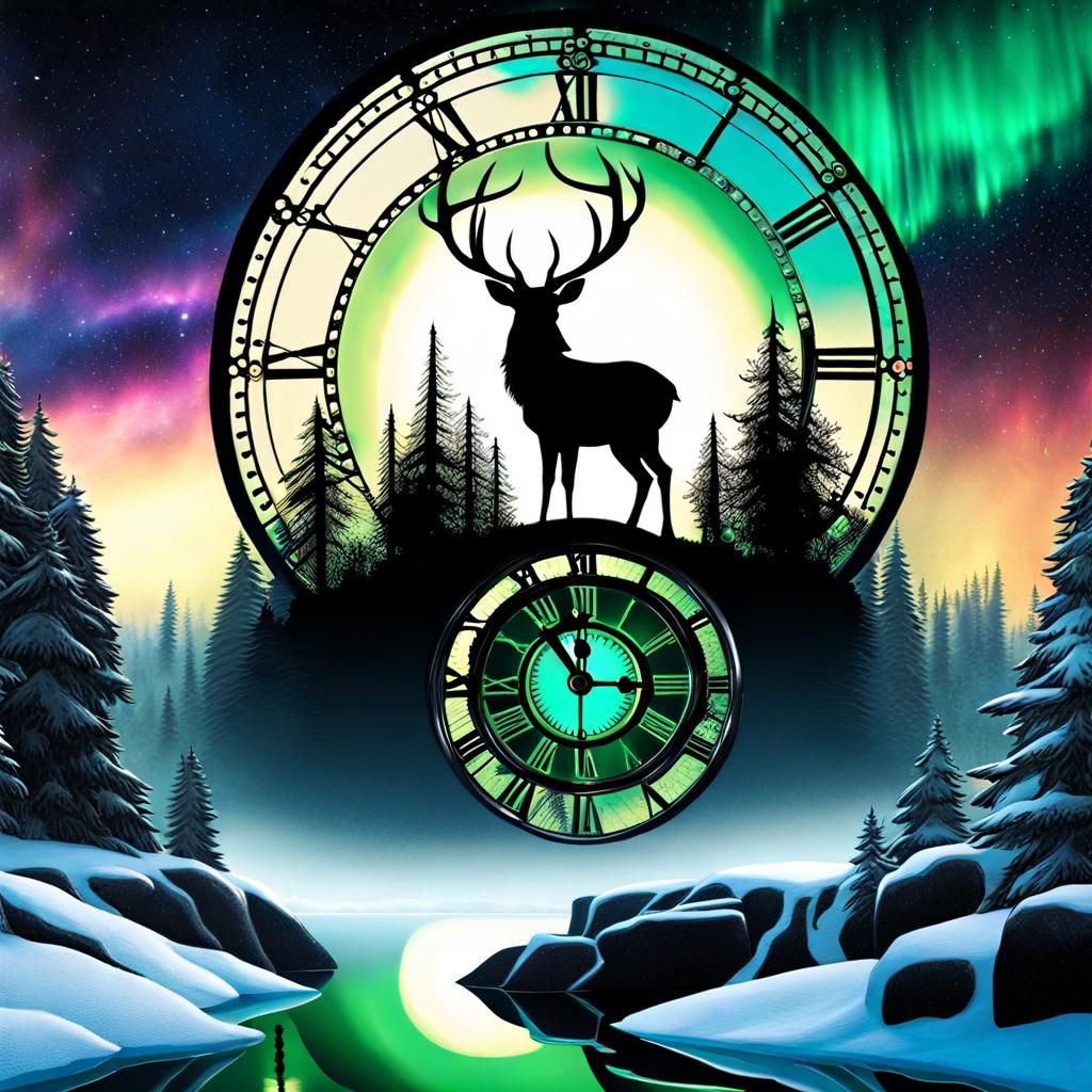 Steampunk Deer in Winter Wonderland with Clock Tower