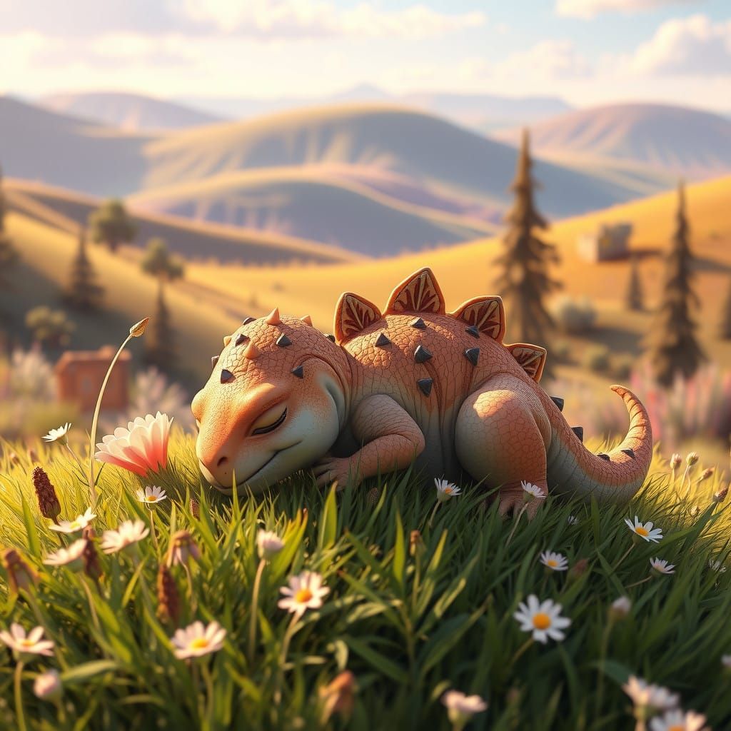 Enchanted Baby Dinosaur Slumbers in Vibrant Fantasy World