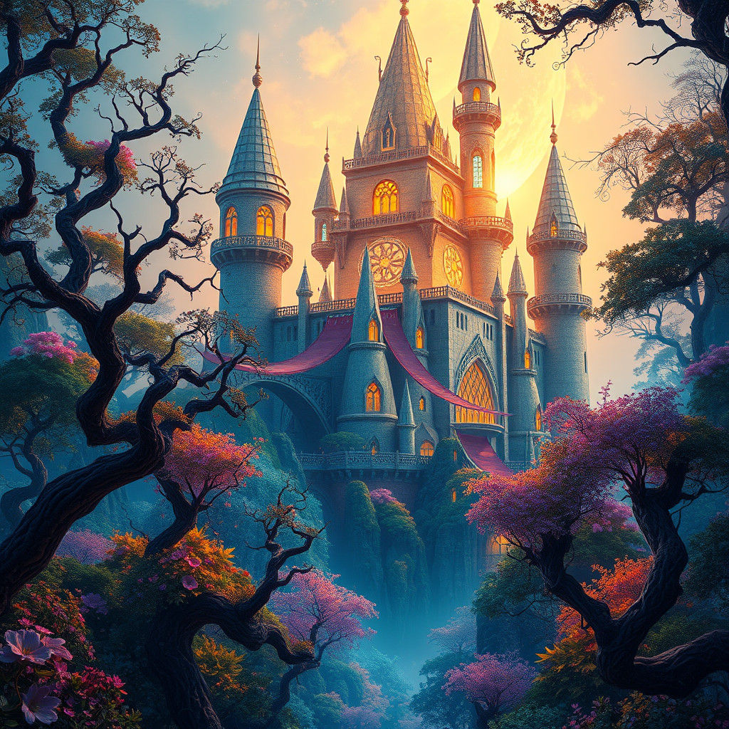 Mystical Realm with Crystal Castle in Unreal Engine Style