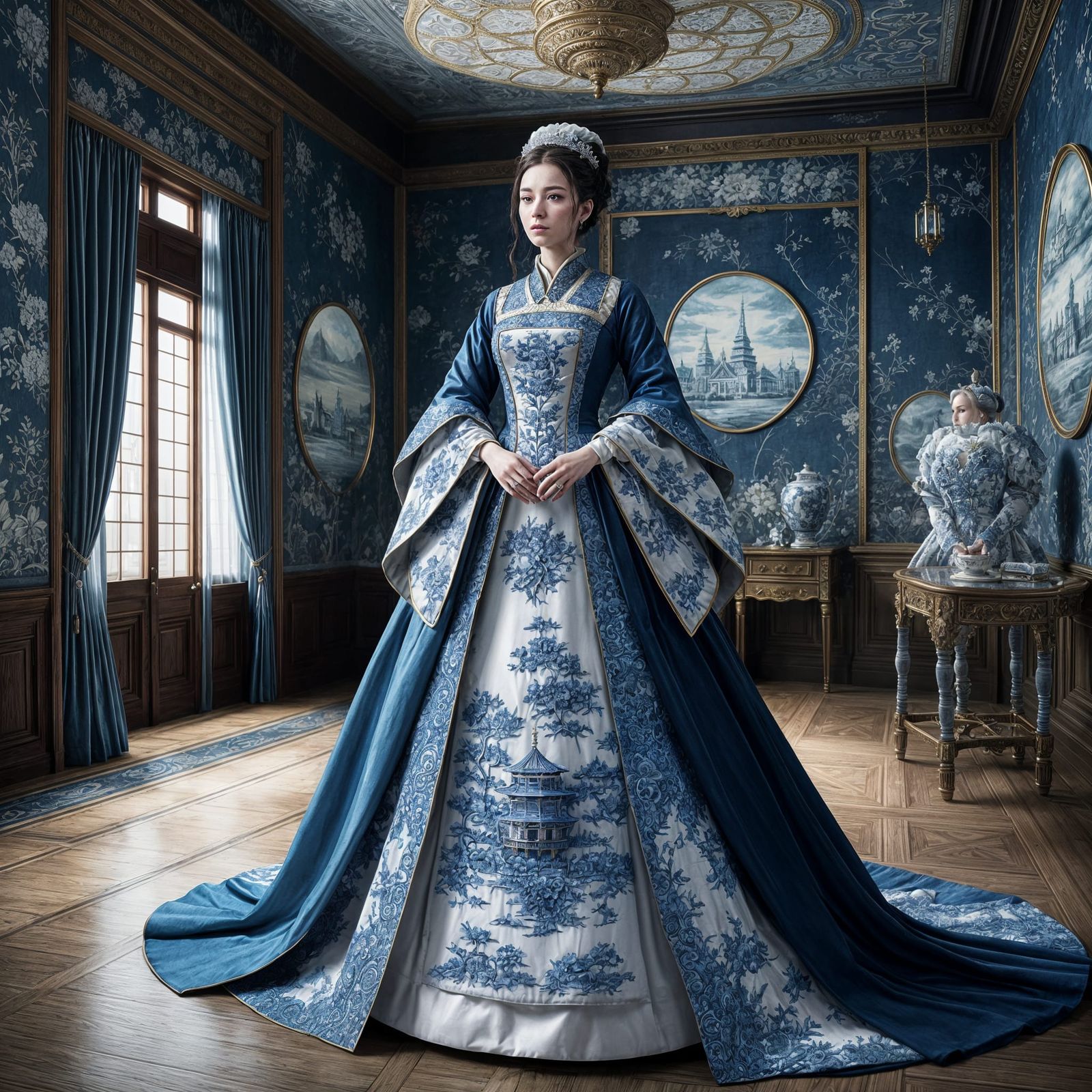 Noblewoman in Smalt Blue Gown, Hyperrealistic Digital Art