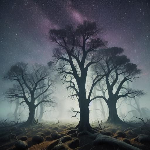 Dramatic Pine Silhouettes Against Vibrant Space Sky