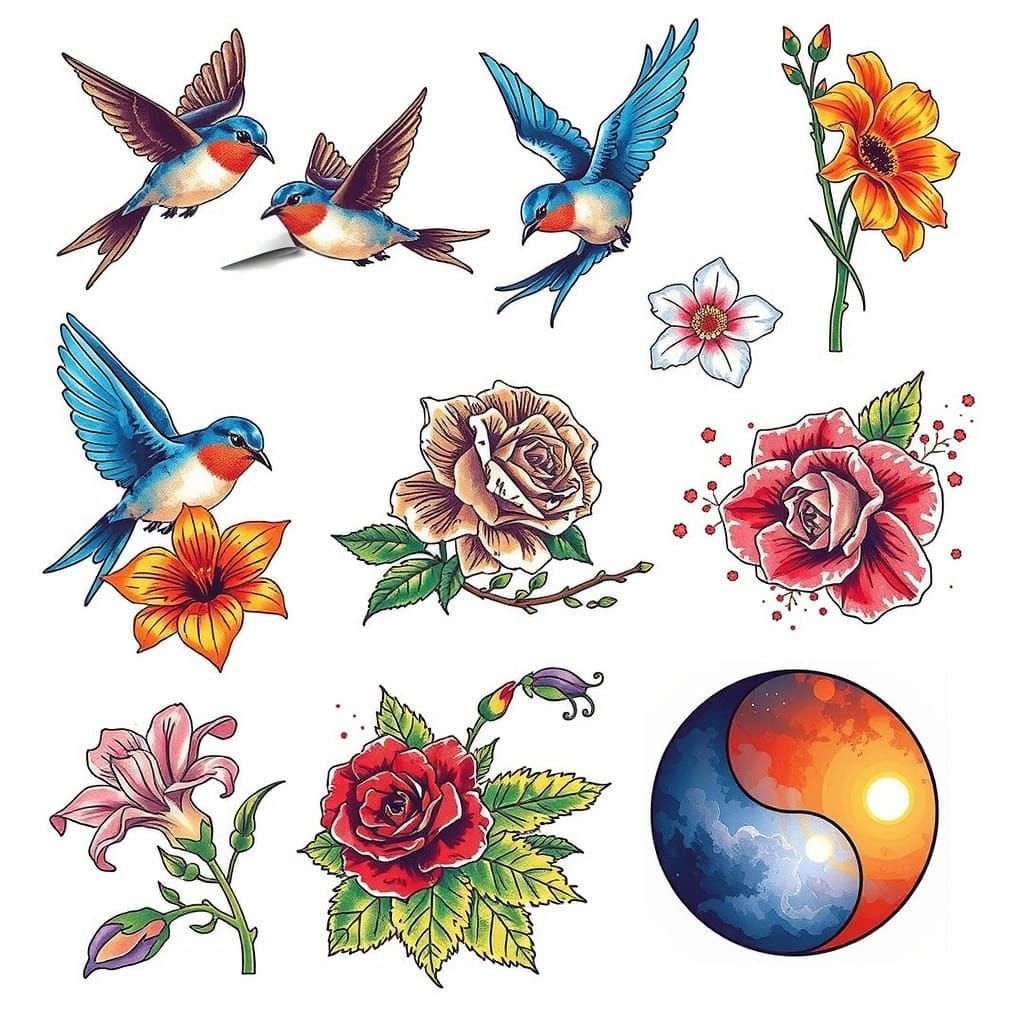 Flash Tattoo Sheet with Floral and Bird Designs
