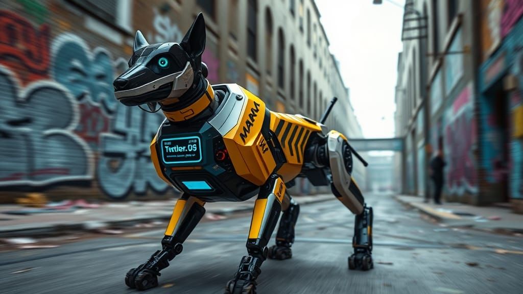 Futuristic Robotic Dog in Cyberpunk Cityscape