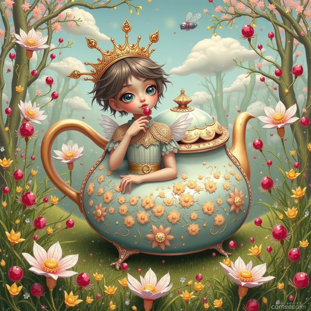 Whimsical Fae Princess Nibbles Cherries in a Fantastical Wor...