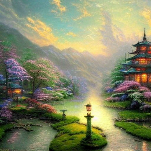 Ethereal Fantasy Landscape in Kinkade Style