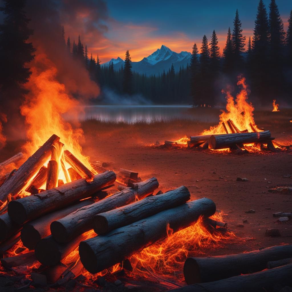 Campfire Scene with Blue Flames in Lofi Style