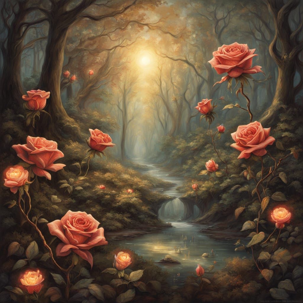 Glowing Enchanted Roses in Mystical Forest