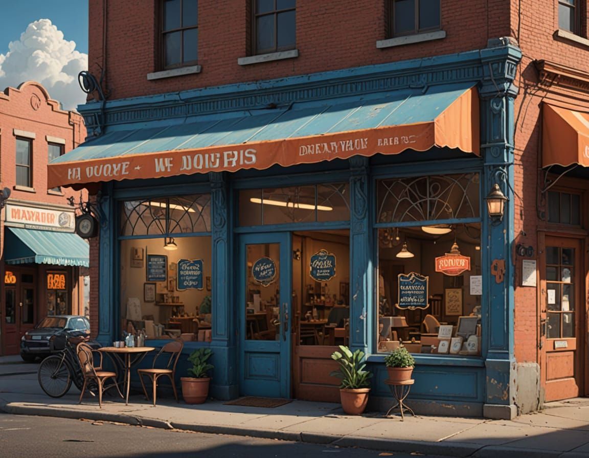 Whimsical Village Storefront in Dreamy Blue Skies