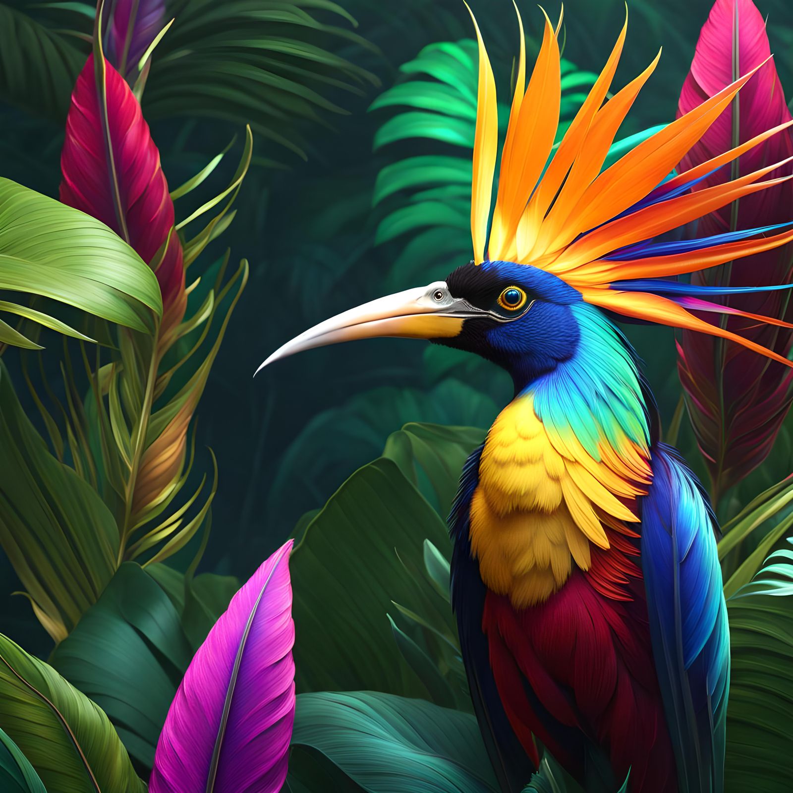 Iridescent Bird of Paradise in Lush Jungle