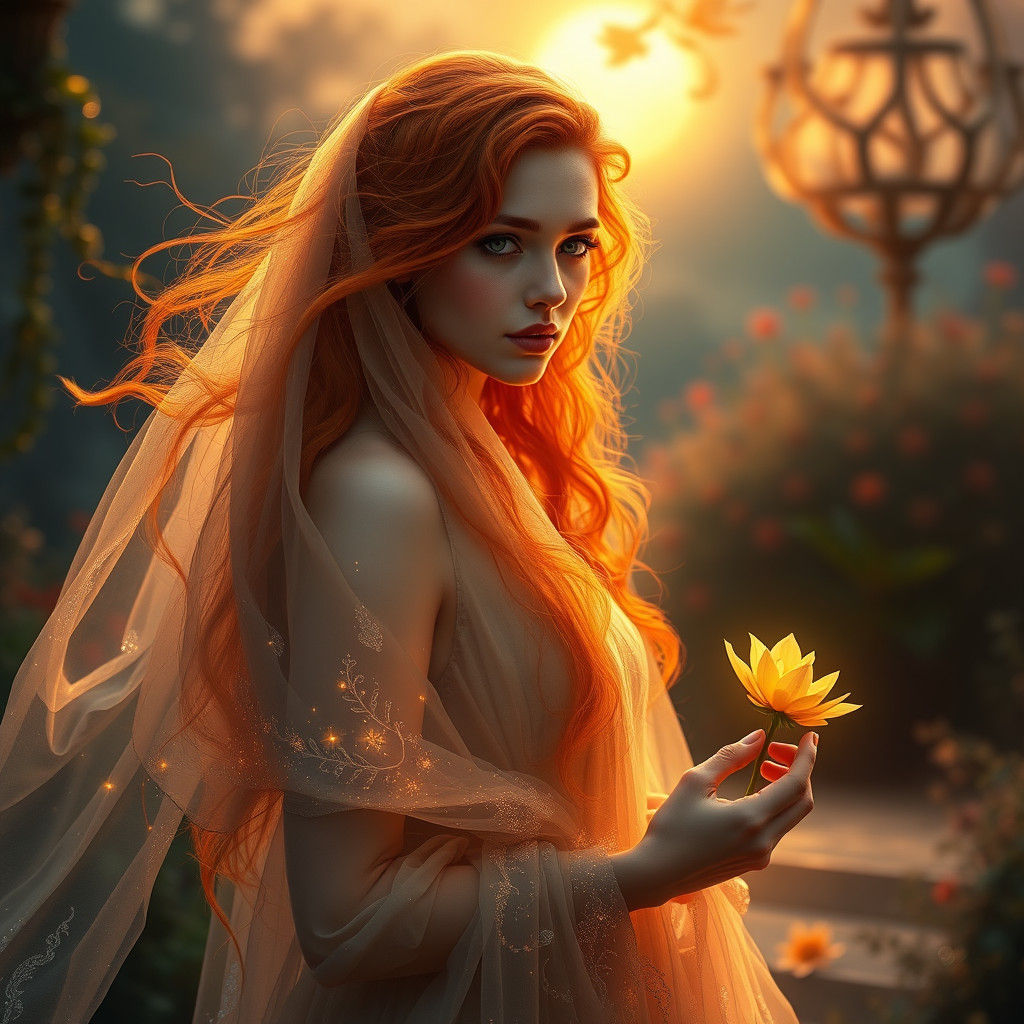 Ethereal Woman with Fiery Hair in Twilight Garden