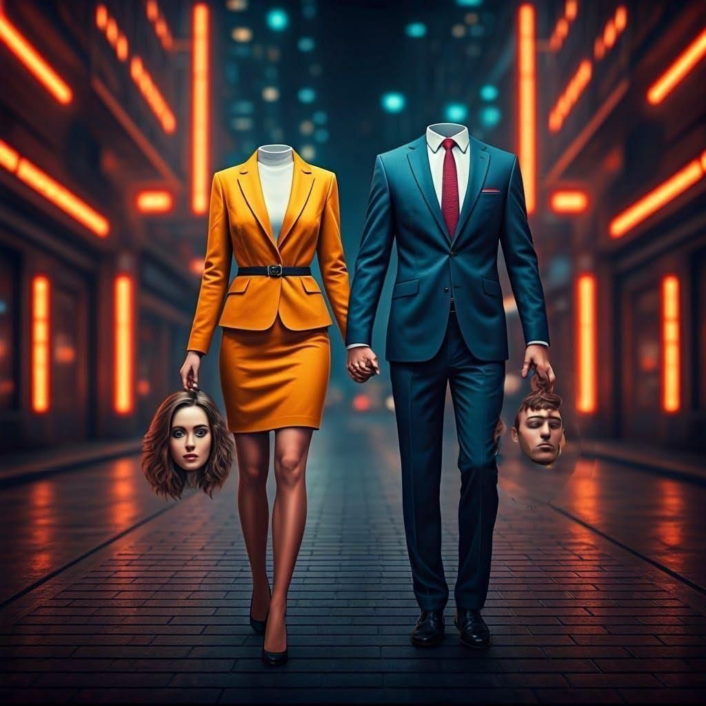Stylish Headless Couple in Neon City
