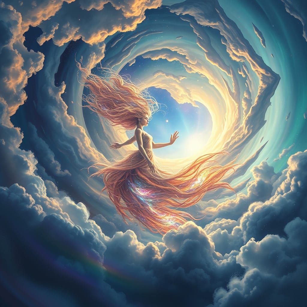 Mystical Being in Swirling Vortex of Iridescent Clouds
