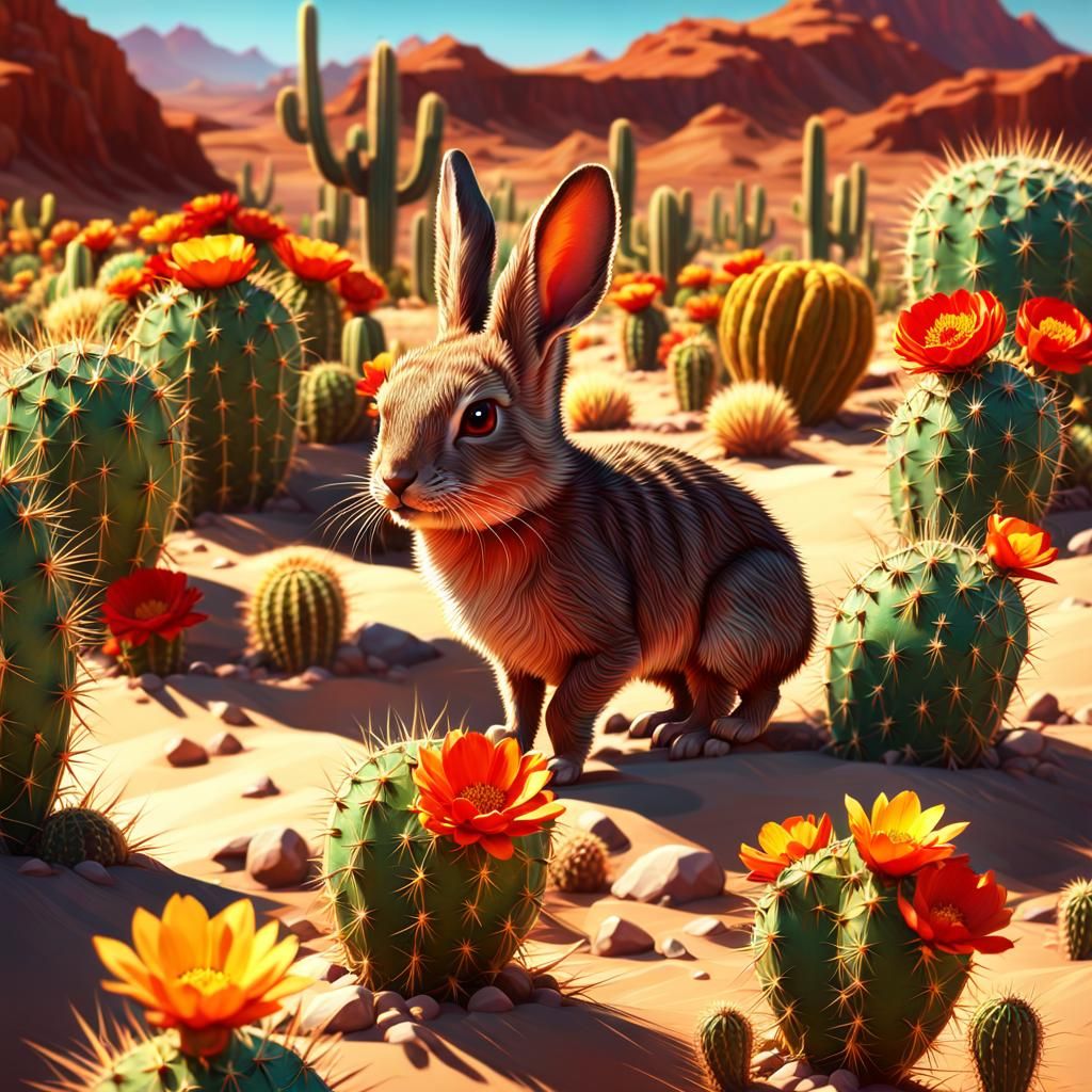Baby Jackrabbit in Blooming Desert, Digital Art