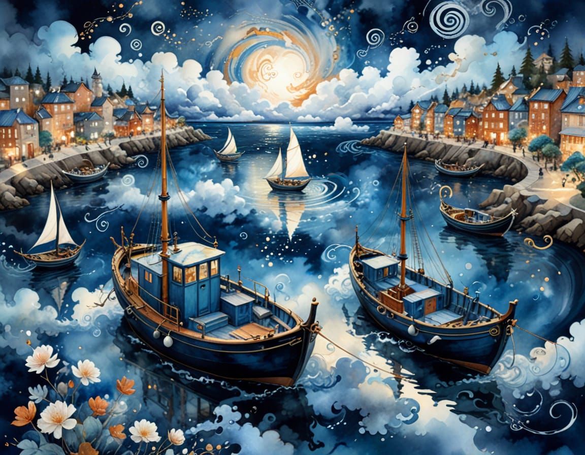 (harbor:1.2), Natasha Wescoat and Willem Haenraets, (spirals and swirls in the clouds:1.5), nacre and deep blue dominant...