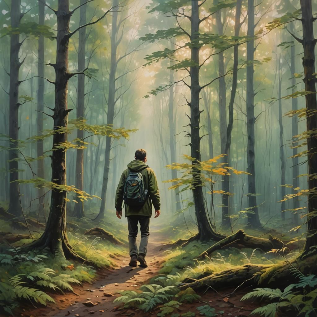 Person Walking in Misty Forest Oil Painting