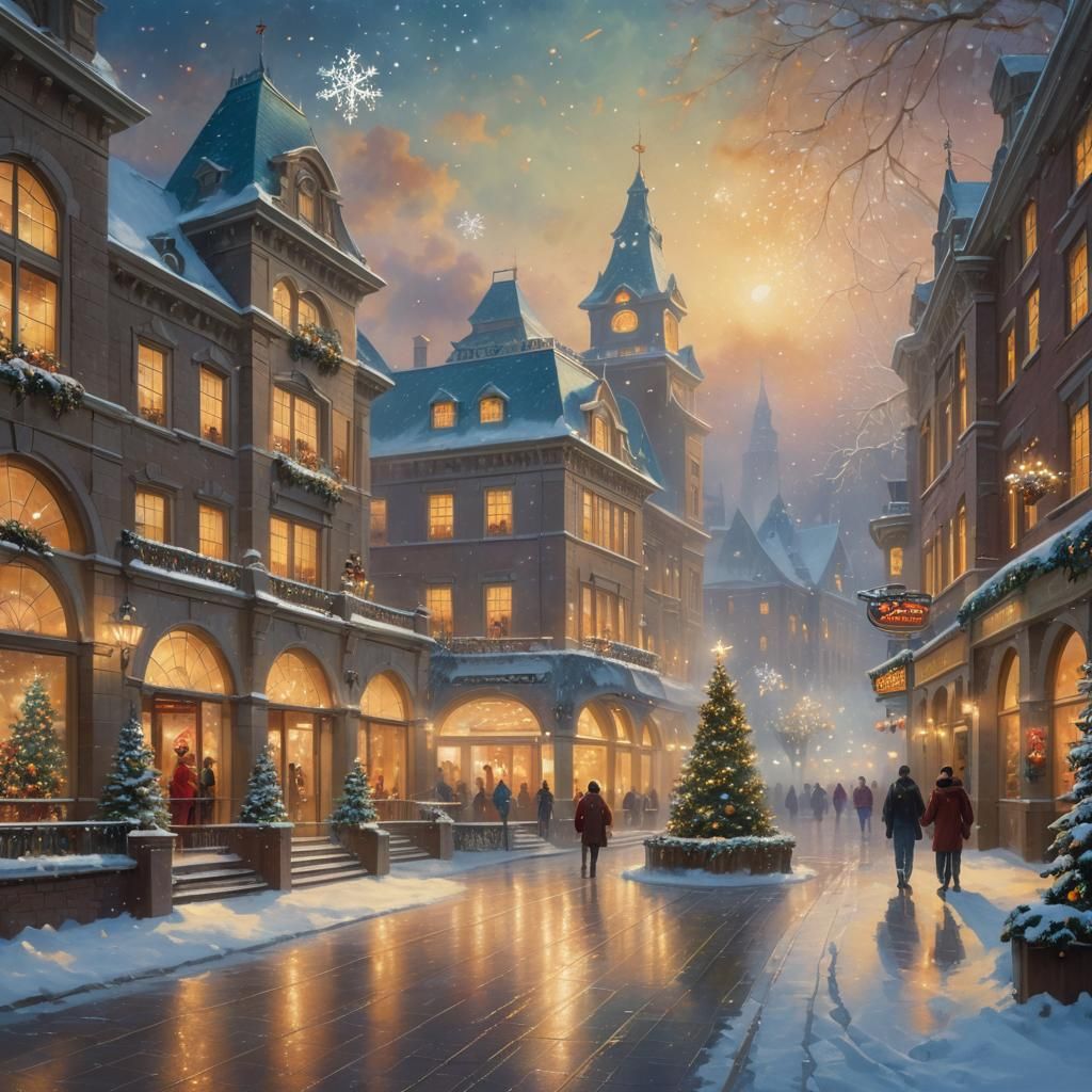 Christmas Night Outside Mall in Kinkade Style