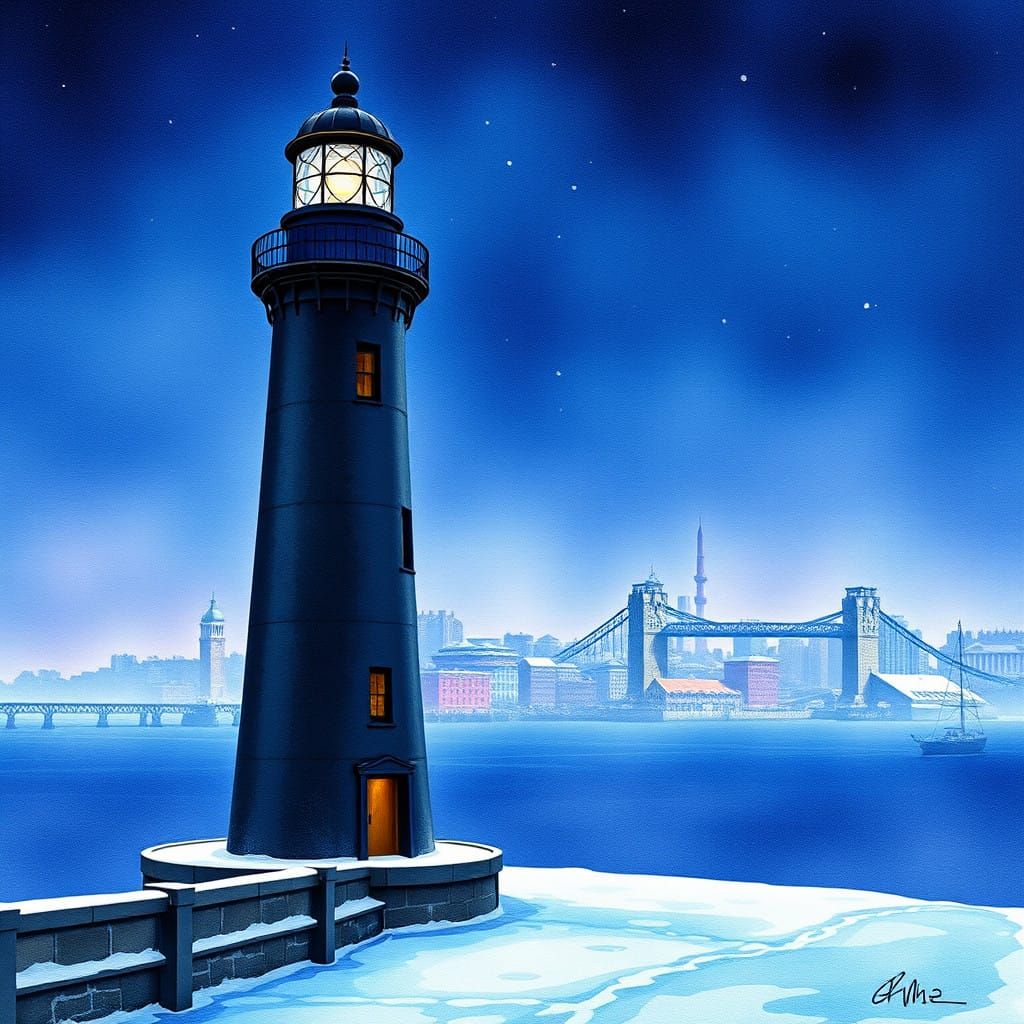 Victorian Lighthouse in Snowy Nighttime Landscape