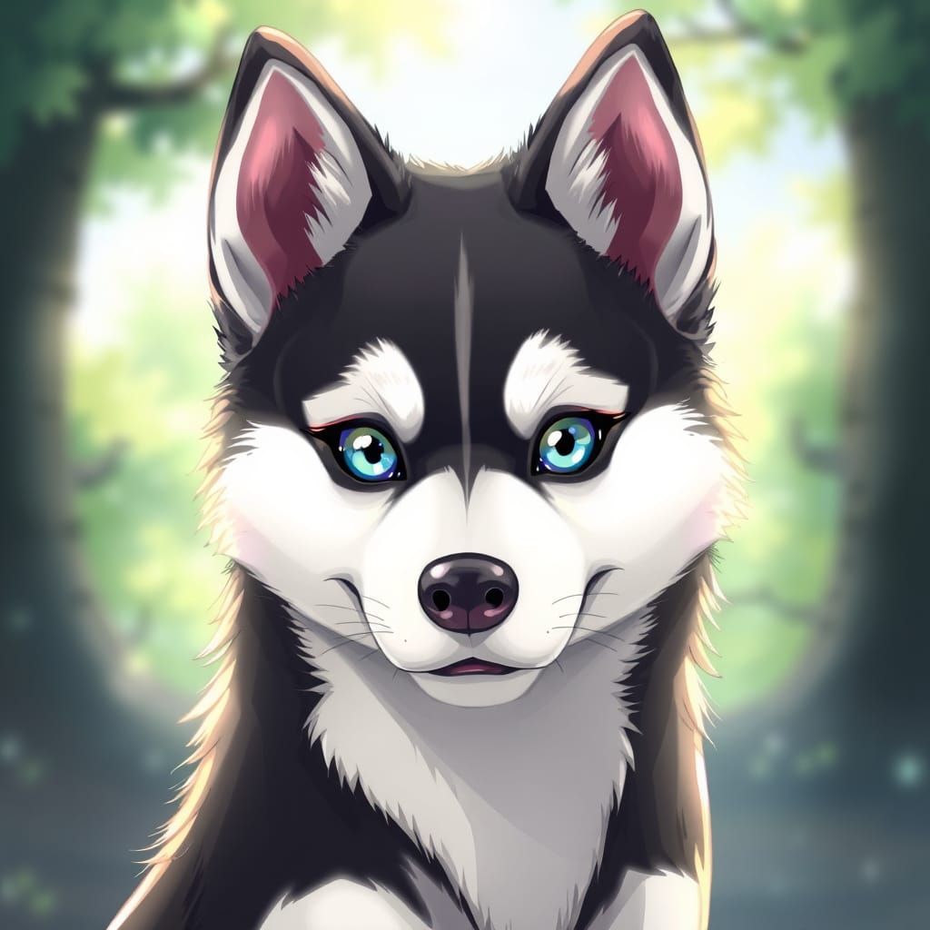 Anime-Inspired Husky with Crystal Blue Eyes in Monochrome