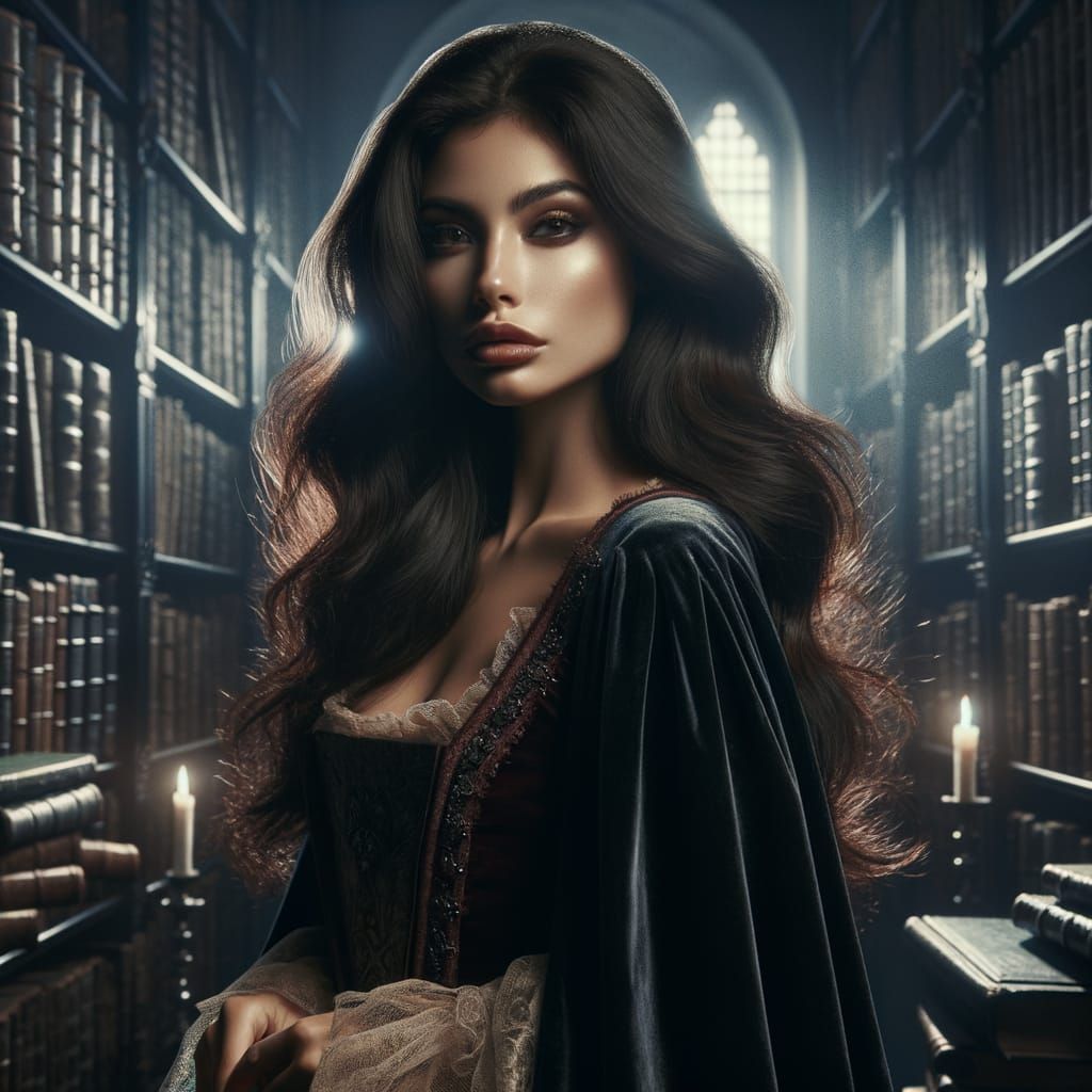 Mysterious Librarian in Ancient Library as Dark Fantasy Matt...