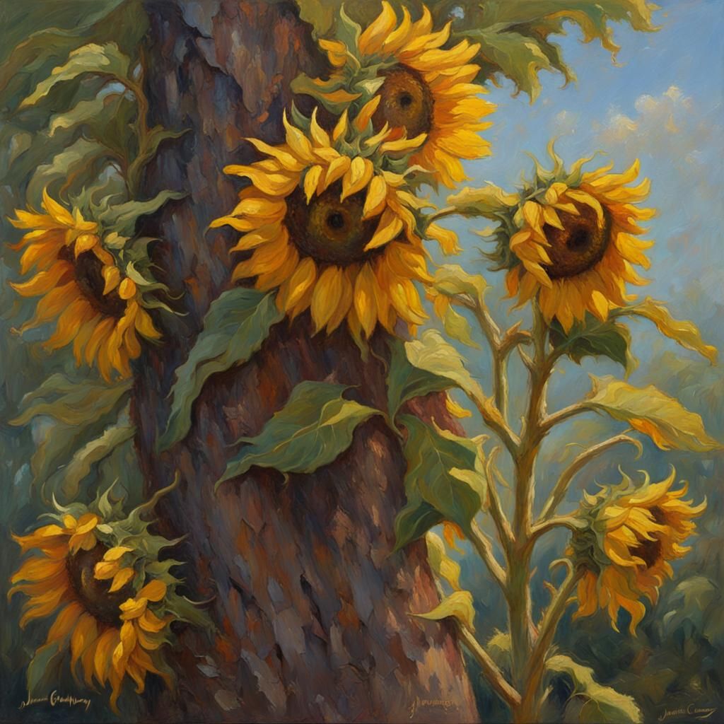 Solar Eclipse over Sunflower Forest as Oil Painting
