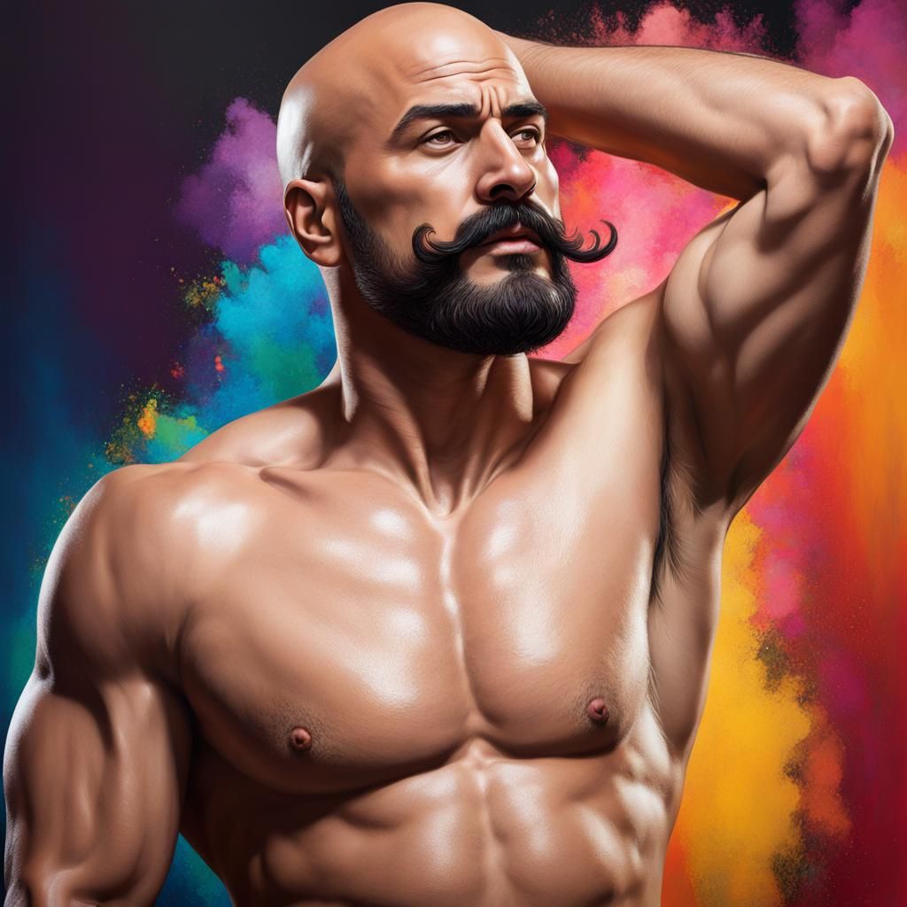 Hyperrealistic Portrait of a Bald Man with Moustache