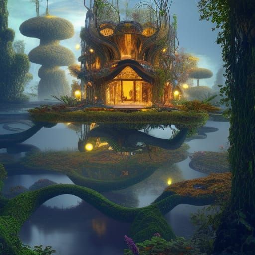 Majestic Elf Manor by Lake, Solarpunk Art