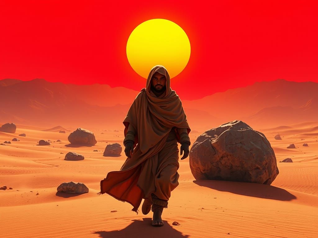 Desert Nomad Portrait with Glowing Eyes in Crimson Sky