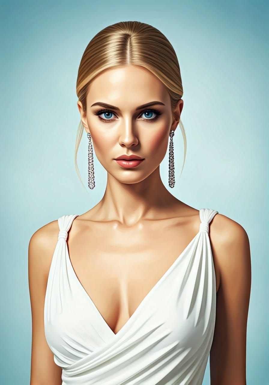 Sleek Blonde Woman in Elegant White Gown