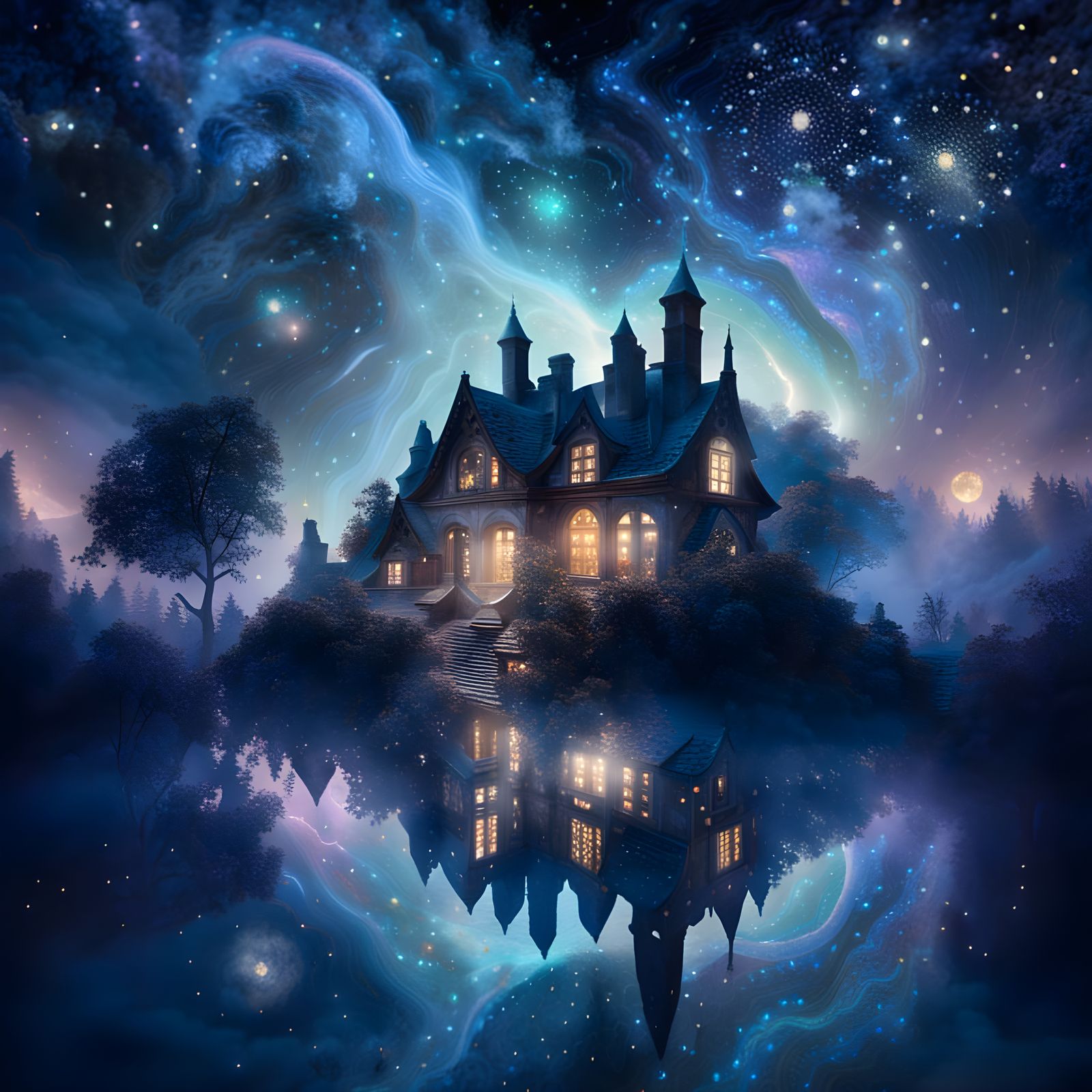 Starry house at night
