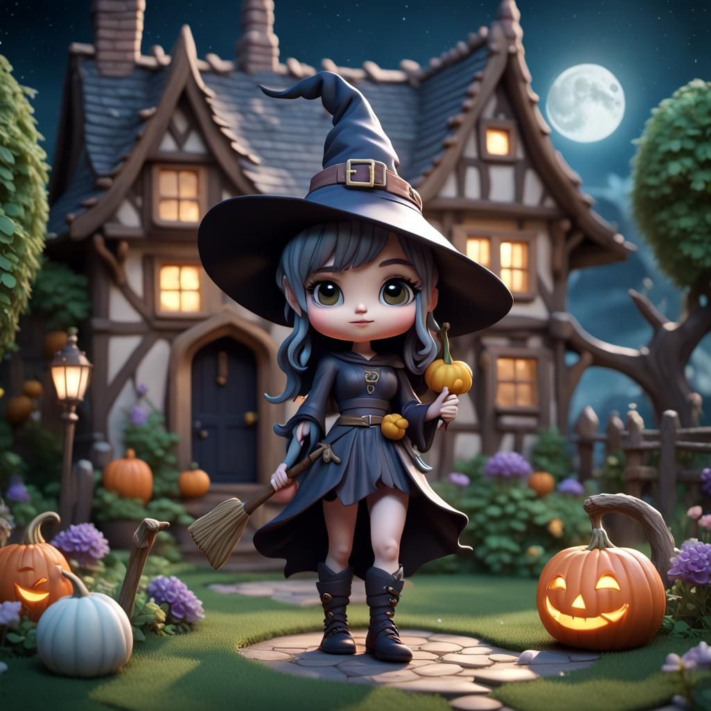 Adorable Chibi Witch Celebrates Followers in 3D Render