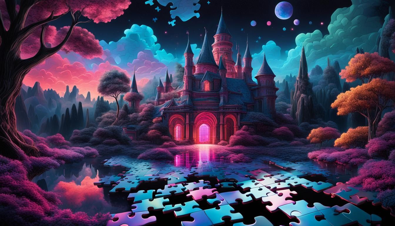 Ethereal Puzzle Palace Illusion in Vivid Colors
