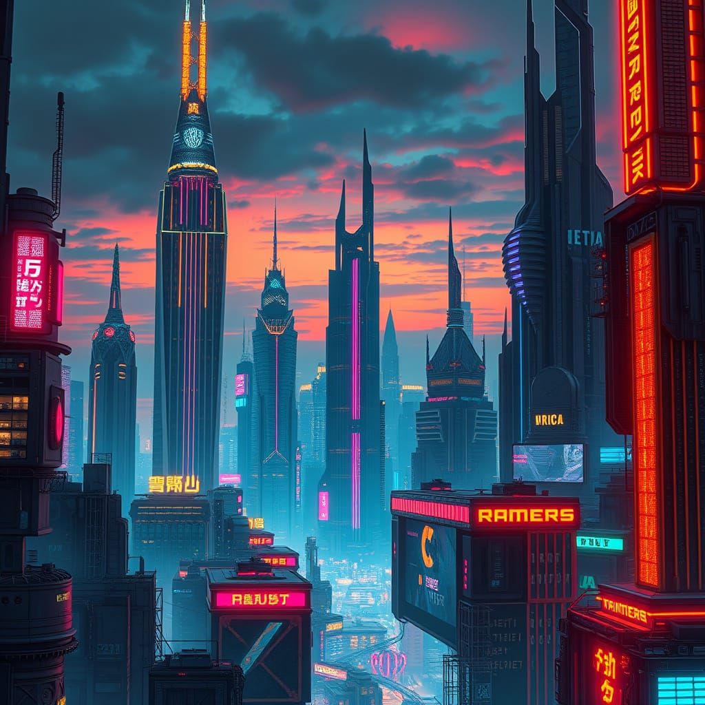 Cyberpunk Cityscape at Dusk