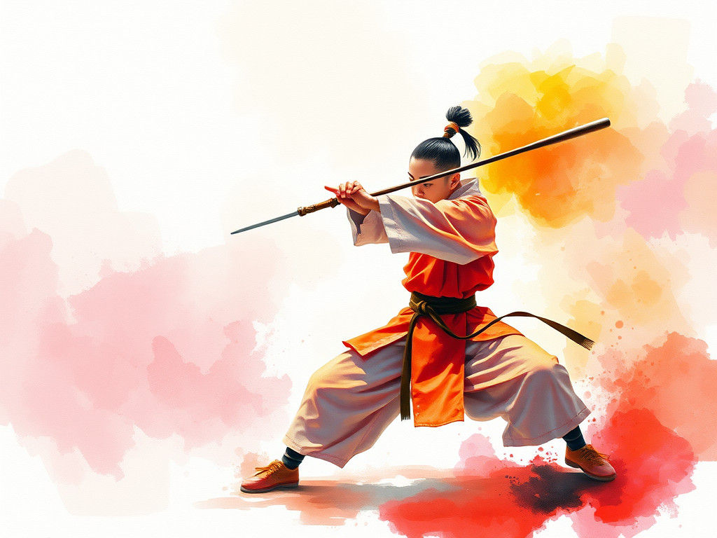 Whimsical Shaolin Warrior in Ethereal Watercolor